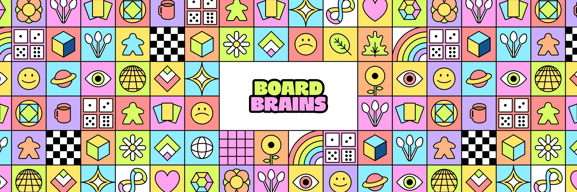 Board Brains wordmark surrounded by colourful board game icons