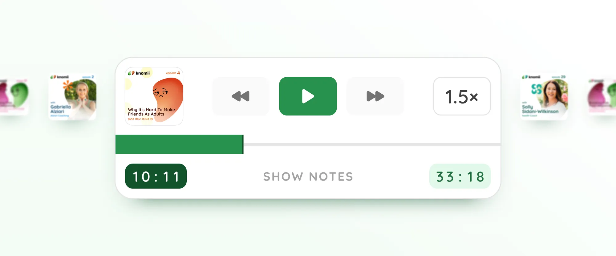 A media player for a podcast episode. The episode is currently playing, at 1.5x speed.