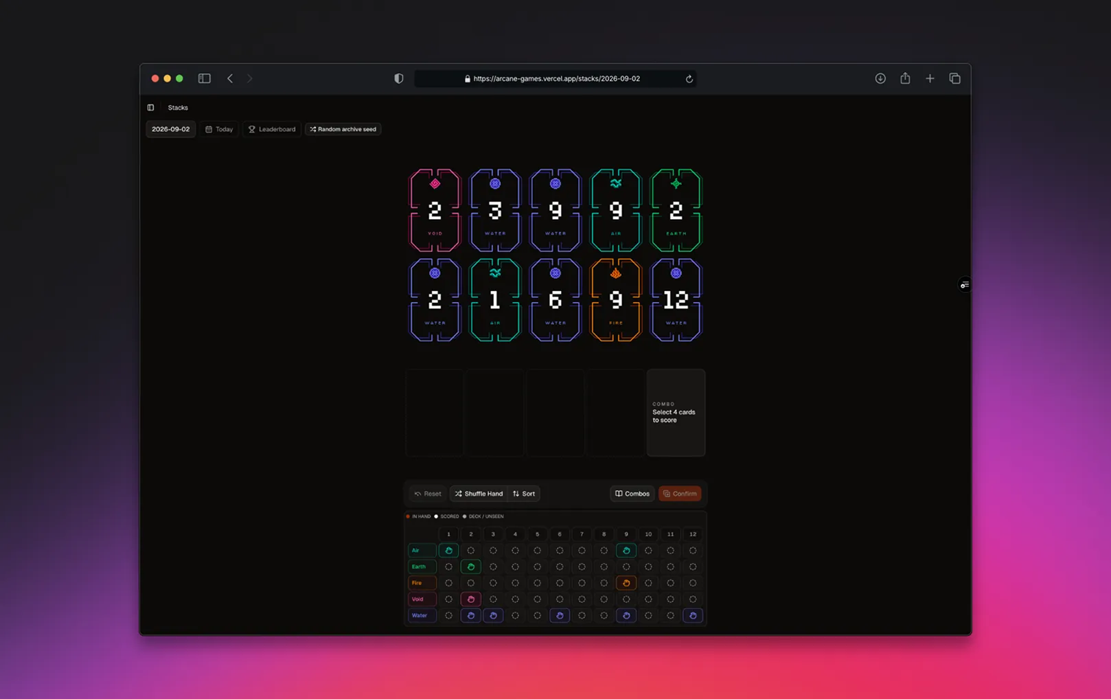 Gameplay screen in a browser window, showing a hand of ten cards, four empty selection slots and a grid tracking every card played