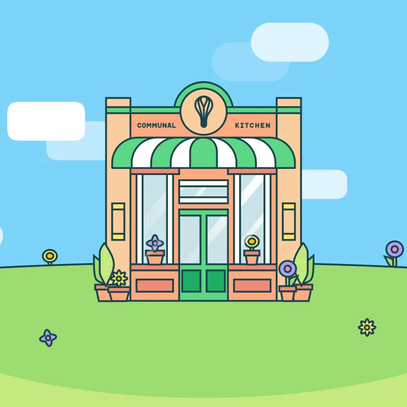 An illustrated Communal Kitchen building with an arched entrance